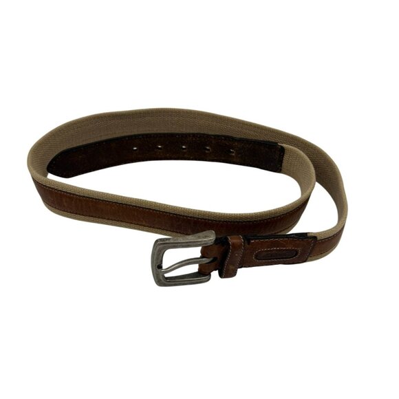 Vintage Columbia Mens Canvas Leather Buckle Belt Brown Silver Hardware Classic - Picture 2 of 6